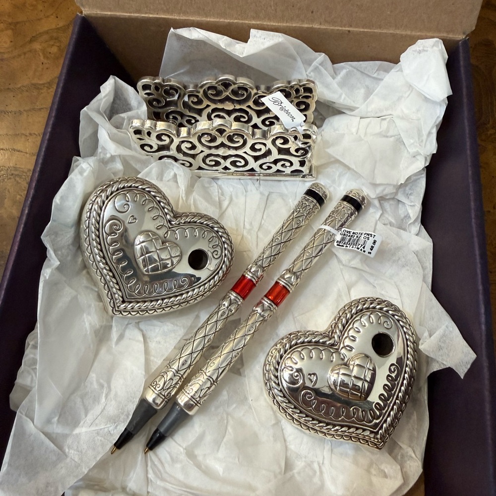 Brighton Brand New Silver Heart Desk Set | Pens, Holders & Letter Organizer